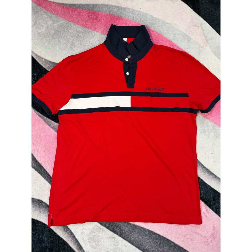 Tommy Hilfiger Mens XL Custom Fit Red Polo Shirt Navy White Chest Stripe Cotton